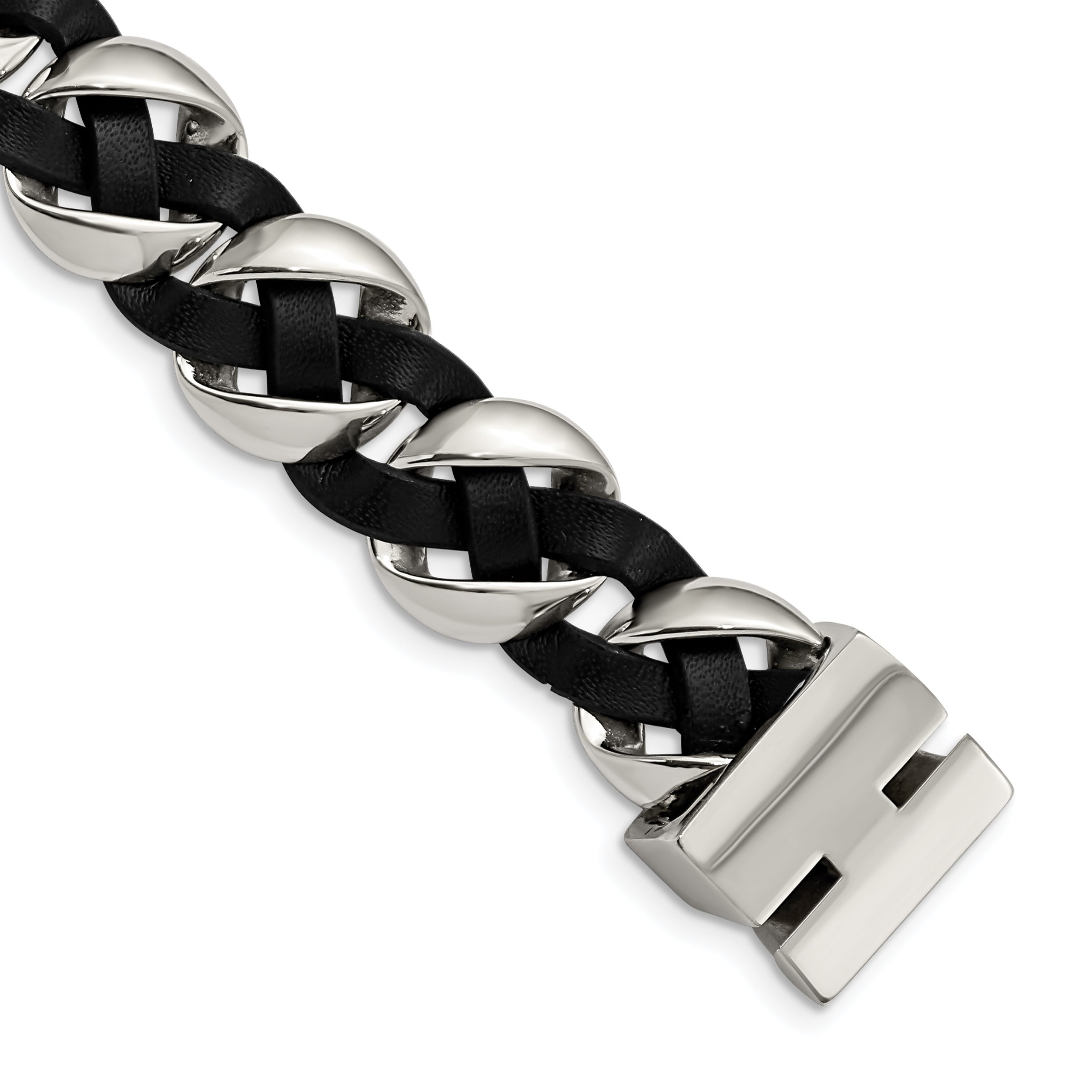 Stainless Steel Polished Black Braided Leather Bracelet for Men Secondary image