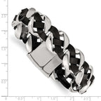 Stainless Steel Polished Black Braided Leather Bracelet for Men