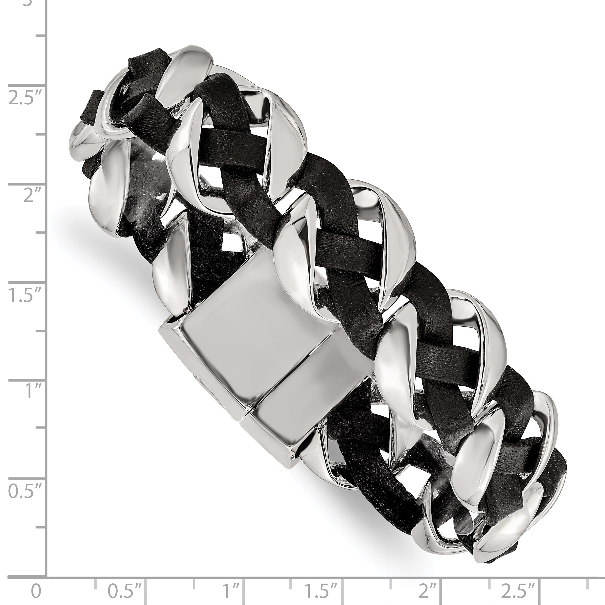 Stainless Steel Polished Black Braided Leather Bracelet for Men