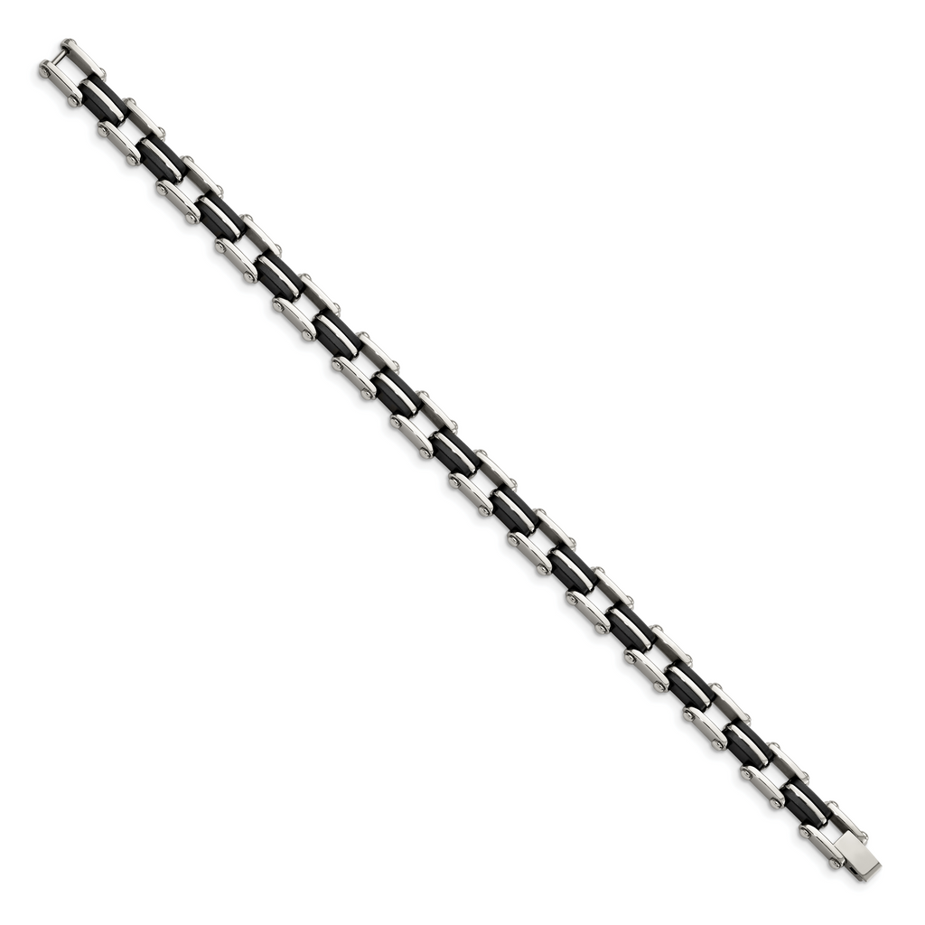 Stainless Steel Polished with Black Rubber Link Bracelet for Men