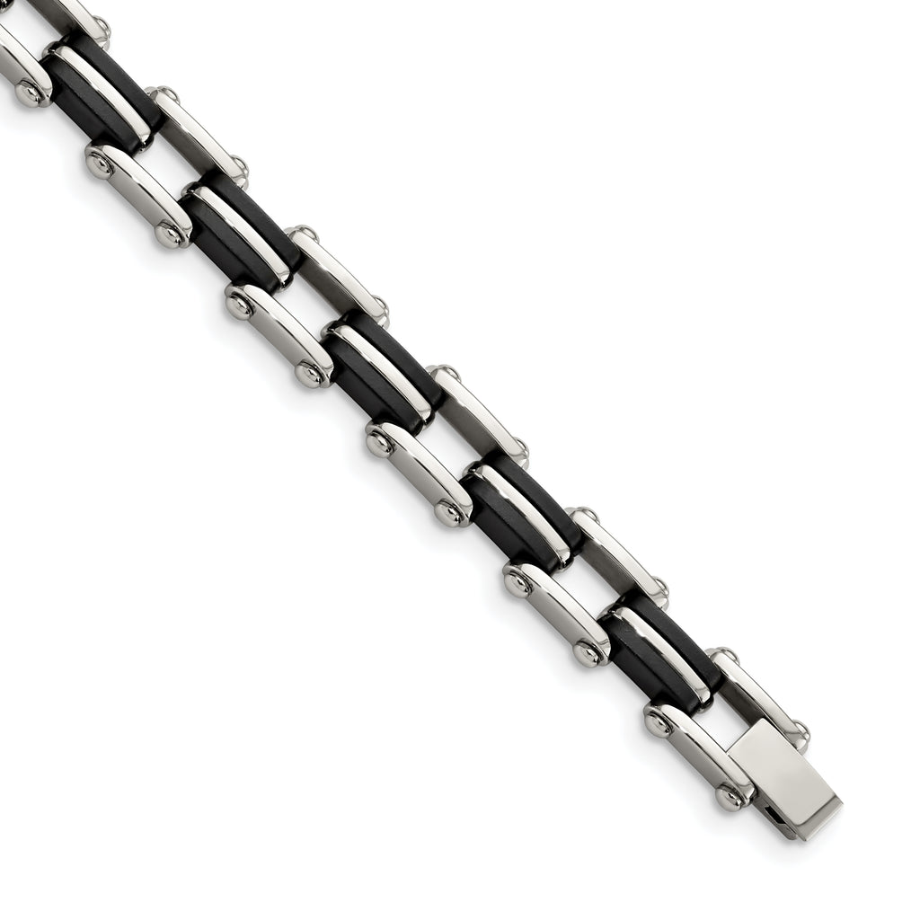 Stainless Steel Polished with Black Rubber Link Bracelet for Men