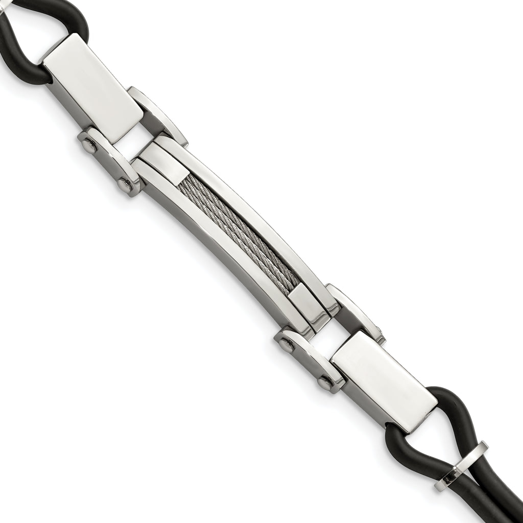 Stainless Steel Polished with Wire Inlay and PU Cord Bracelet for Men
