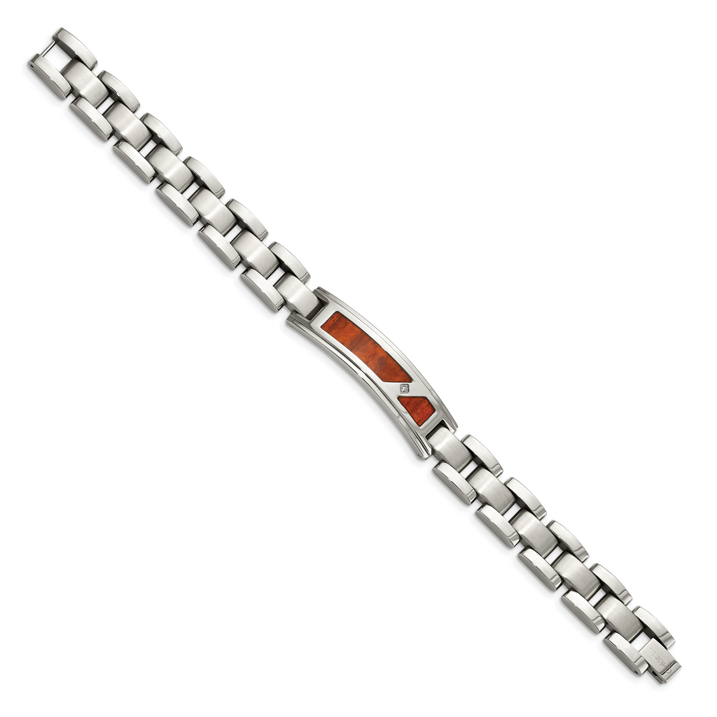 Stainless Steel Brushed and Polished with Wood Inlay and Cubic Zirconia Link ID Bracelet for Men