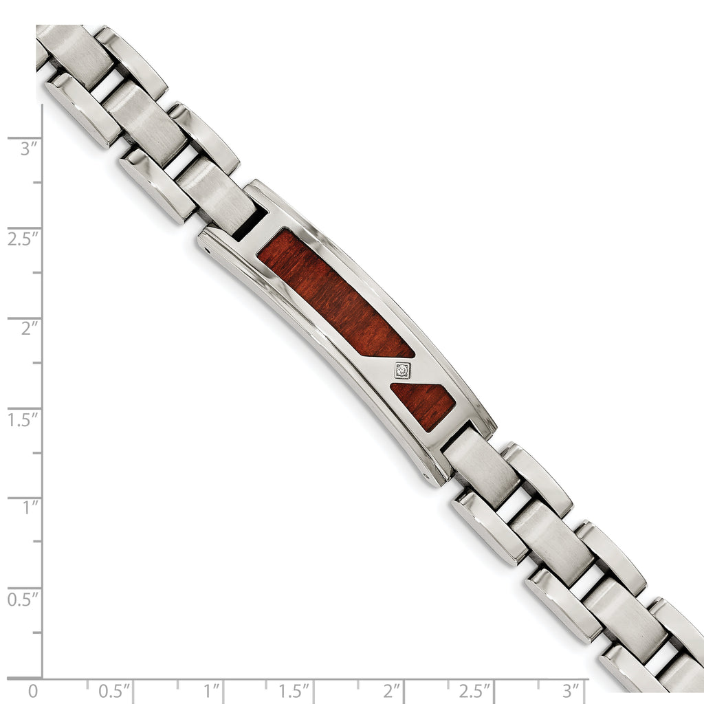 Stainless Steel Brushed and Polished with Wood Inlay and Cubic Zirconia Link ID Bracelet for Men