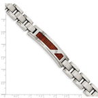 Stainless Steel Brushed and Polished with Wood Inlay and Cubic Zirconia Link ID Bracelet for Men