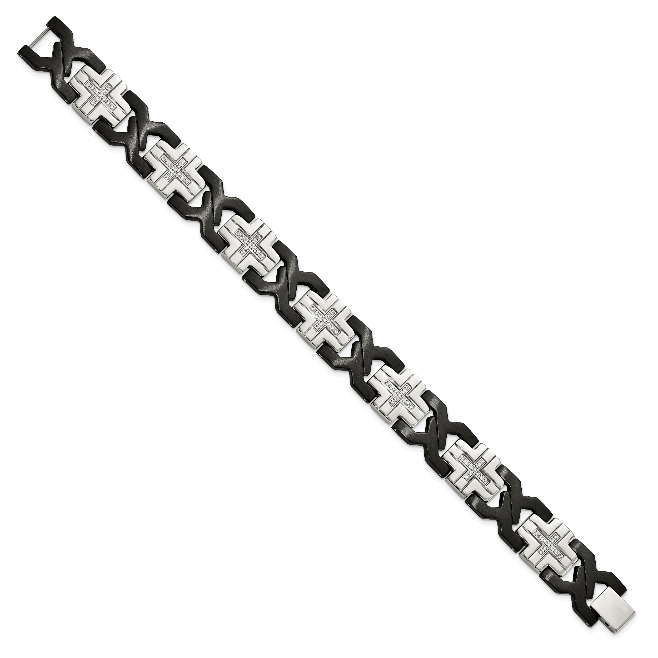 Stainless Steel Brushed and Polished Black IP-plated with Cubic Zirconia Cross Link Bracelet for Men