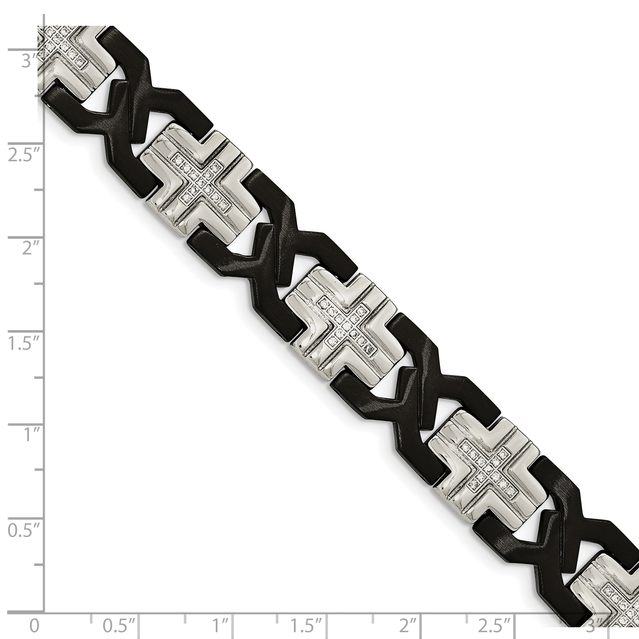 Stainless Steel Brushed and Polished Black IP-plated with Cubic Zirconia Cross Link Bracelet for Men