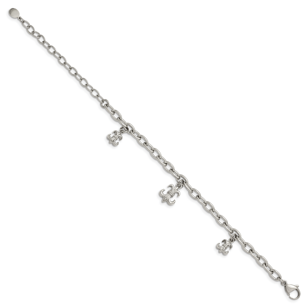 Stainless Steel Polished Fleur de Lis with ext. Bracelet for Women