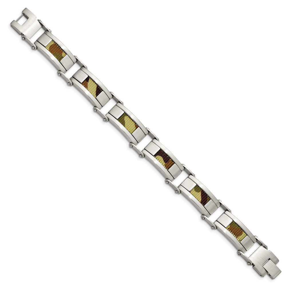 Stainless Steel Brushed with Brown Camo Fabric Inlay Bracelet for Men