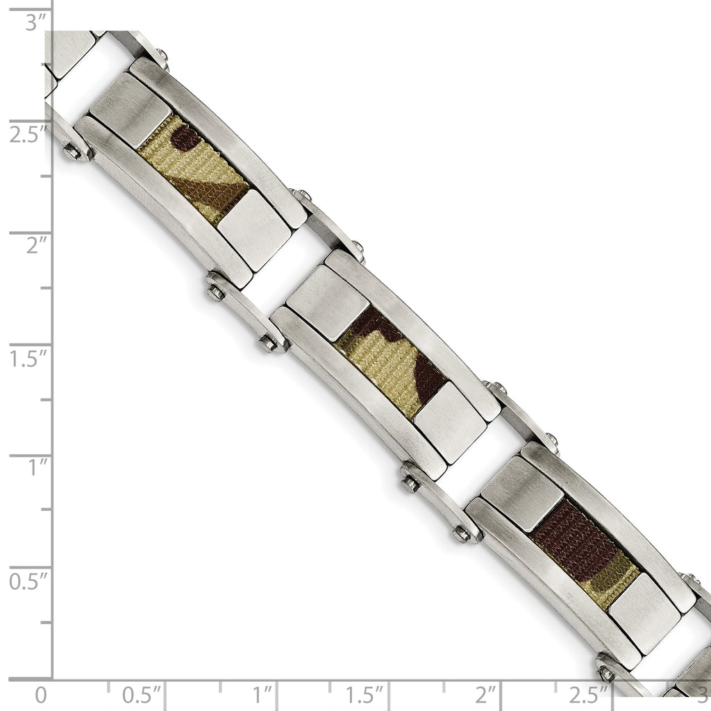 Stainless Steel Brushed with Brown Camo Fabric Inlay Bracelet for Men