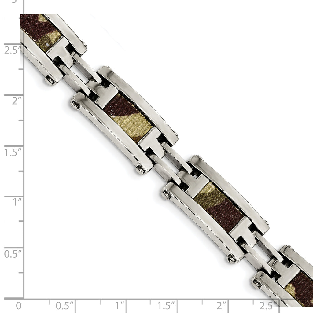 Stainless Steel Polished with Brown Camo Fabric Inlay Bracelet for Men