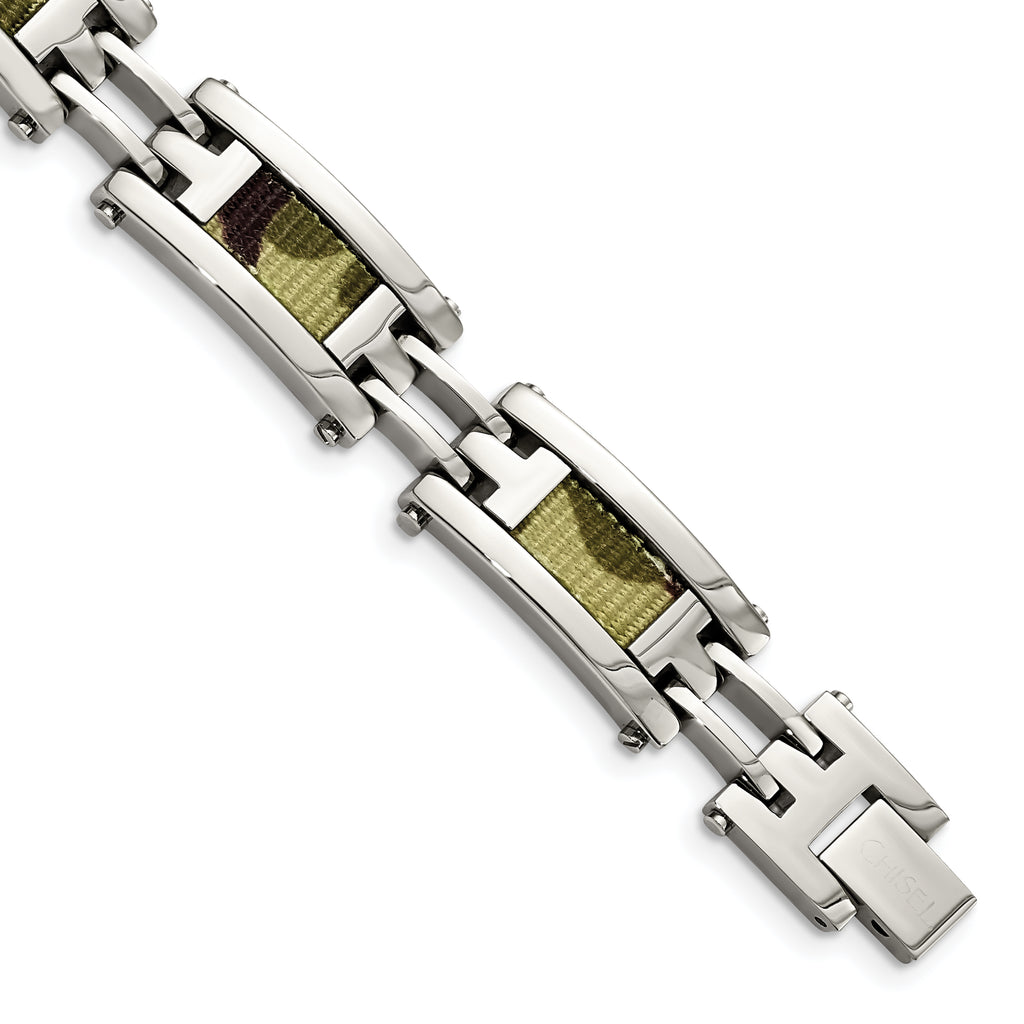 Stainless Steel Polished with Brown Camo Fabric Inlay Bracelet for Men