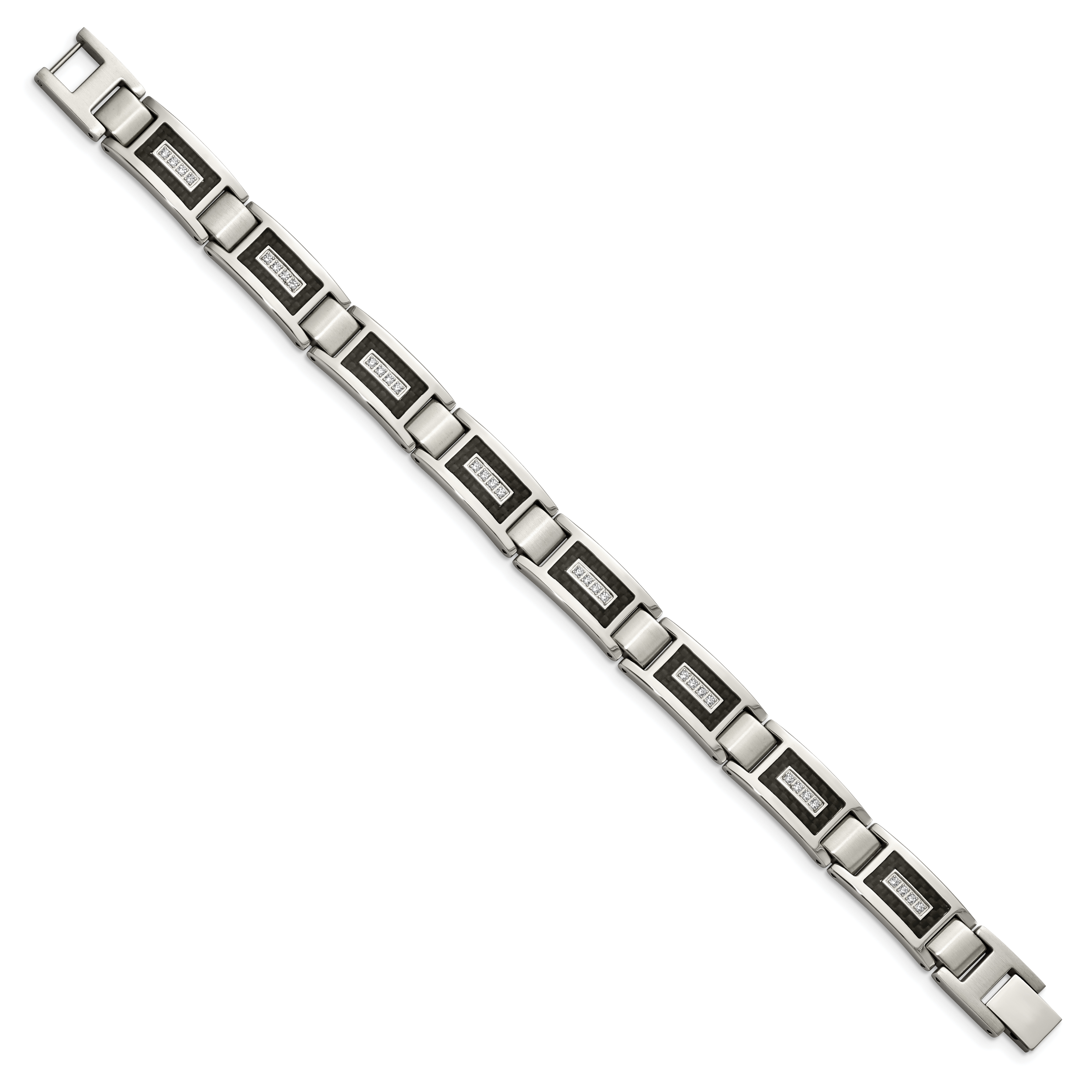 Stainless Steel Brushed and Polished with Cubic Zirconia and Black Carbon Fiber Inlay Link Bracelet for Men