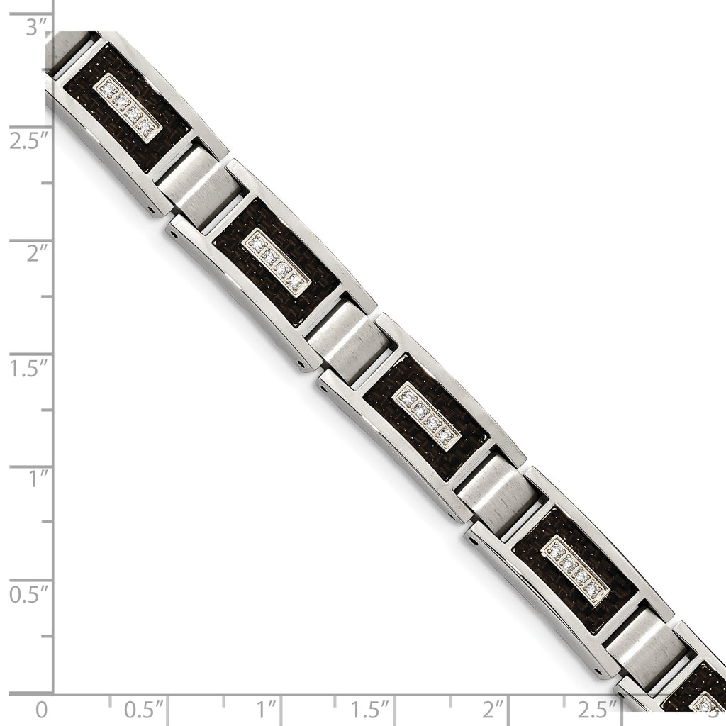 Stainless Steel Brushed and Polished with Cubic Zirconia and Black Carbon Fiber Inlay Link Bracelet for Men