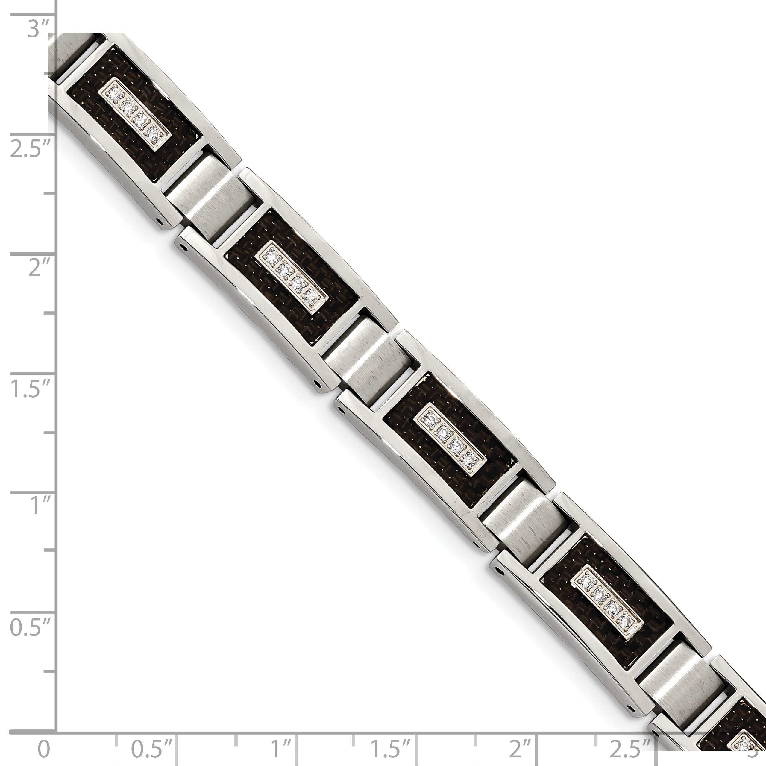 Stainless Steel Brushed and Polished with Cubic Zirconia and Black Carbon Fiber Inlay Link Bracelet for Men