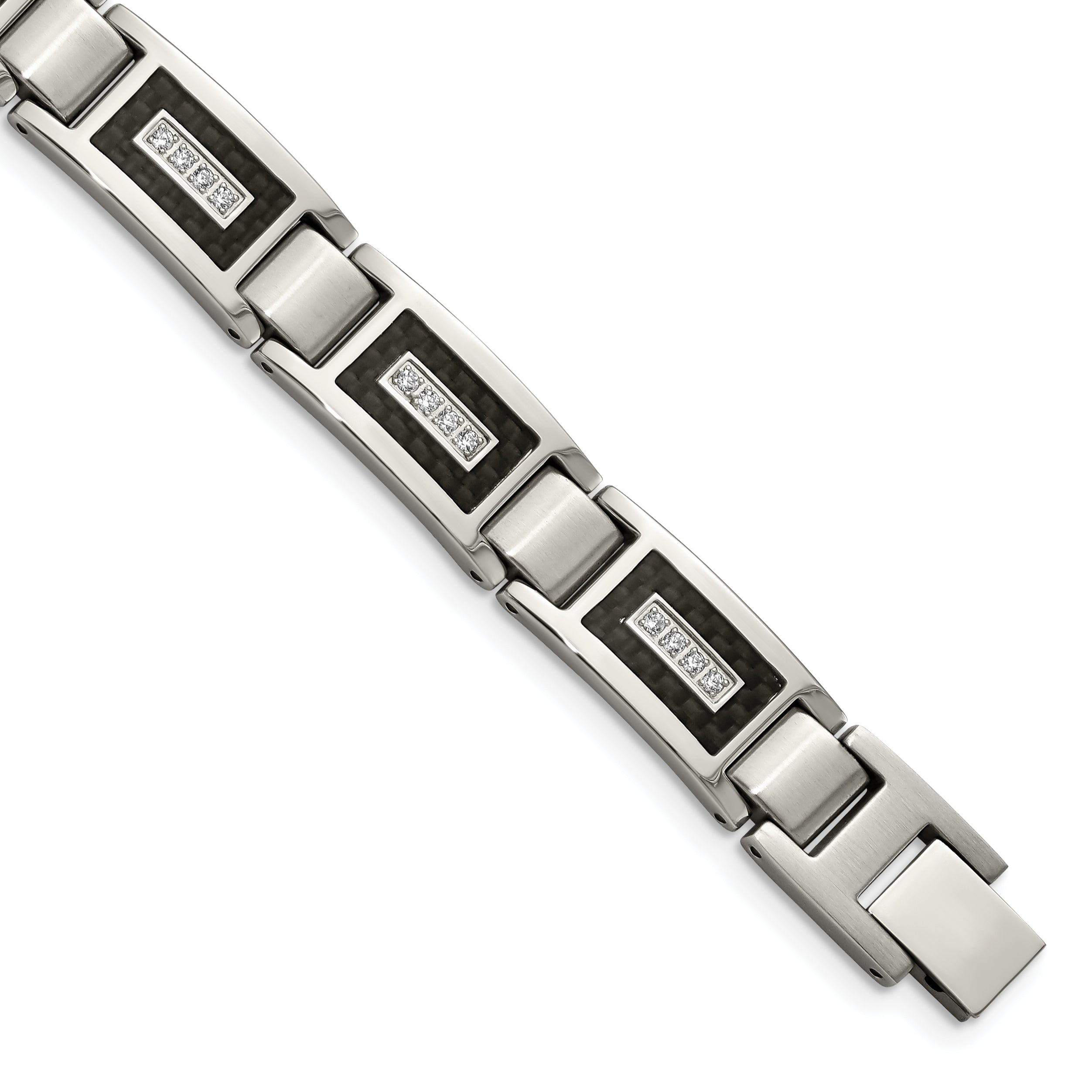Stainless Steel Brushed and Polished with Cubic Zirconia and Black Carbon Fiber Inlay Link Bracelet for Men Main image