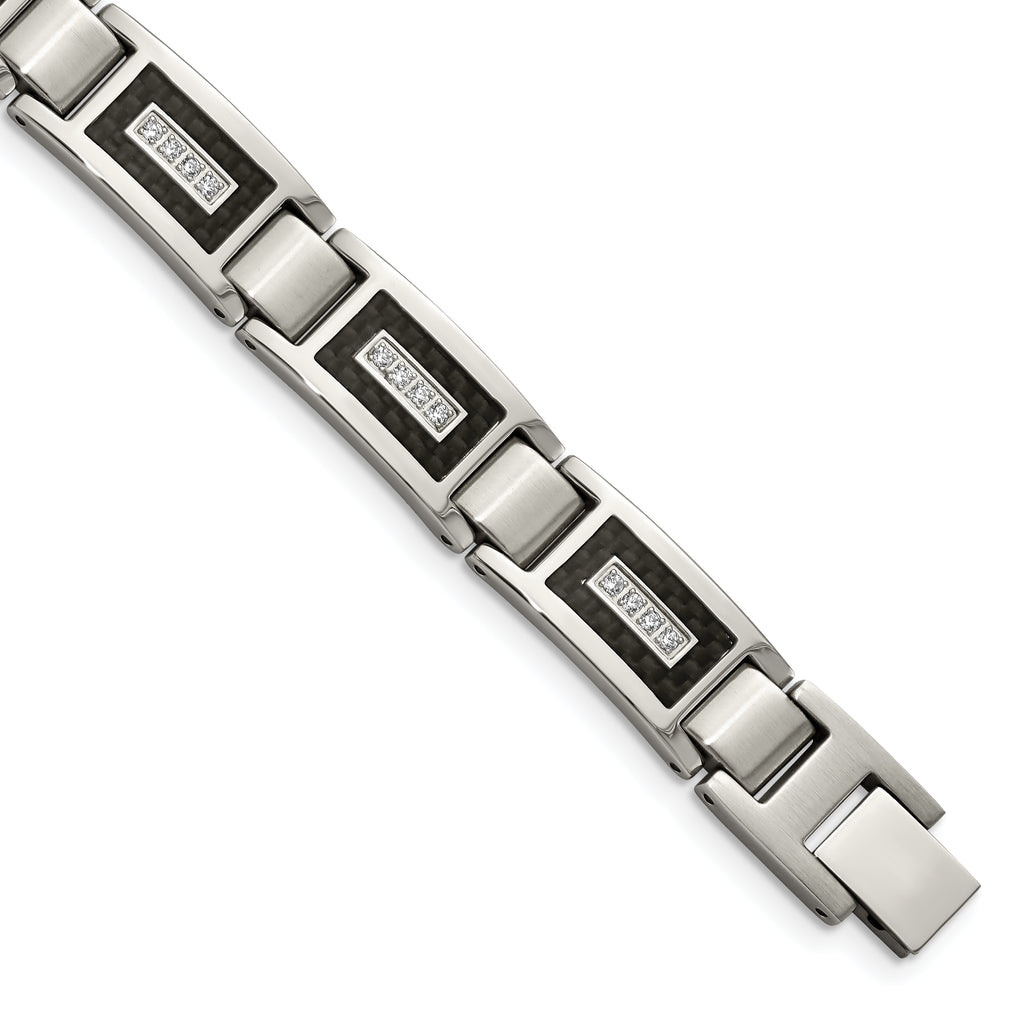 Stainless Steel Brushed and Polished with Cubic Zirconia and Black Carbon Fiber Inlay Link Bracelet for Men