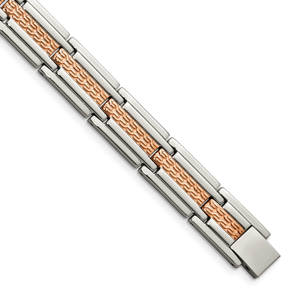 Stainless Steel Polished and Textured Rose IP-plated Link Bracelet for Men