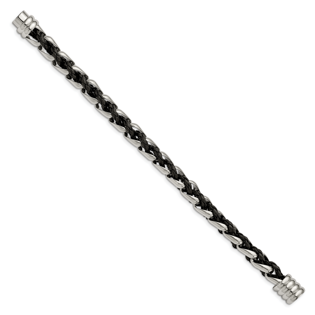Stainless Steel Polished Braided Black Leather Bracelet for Men