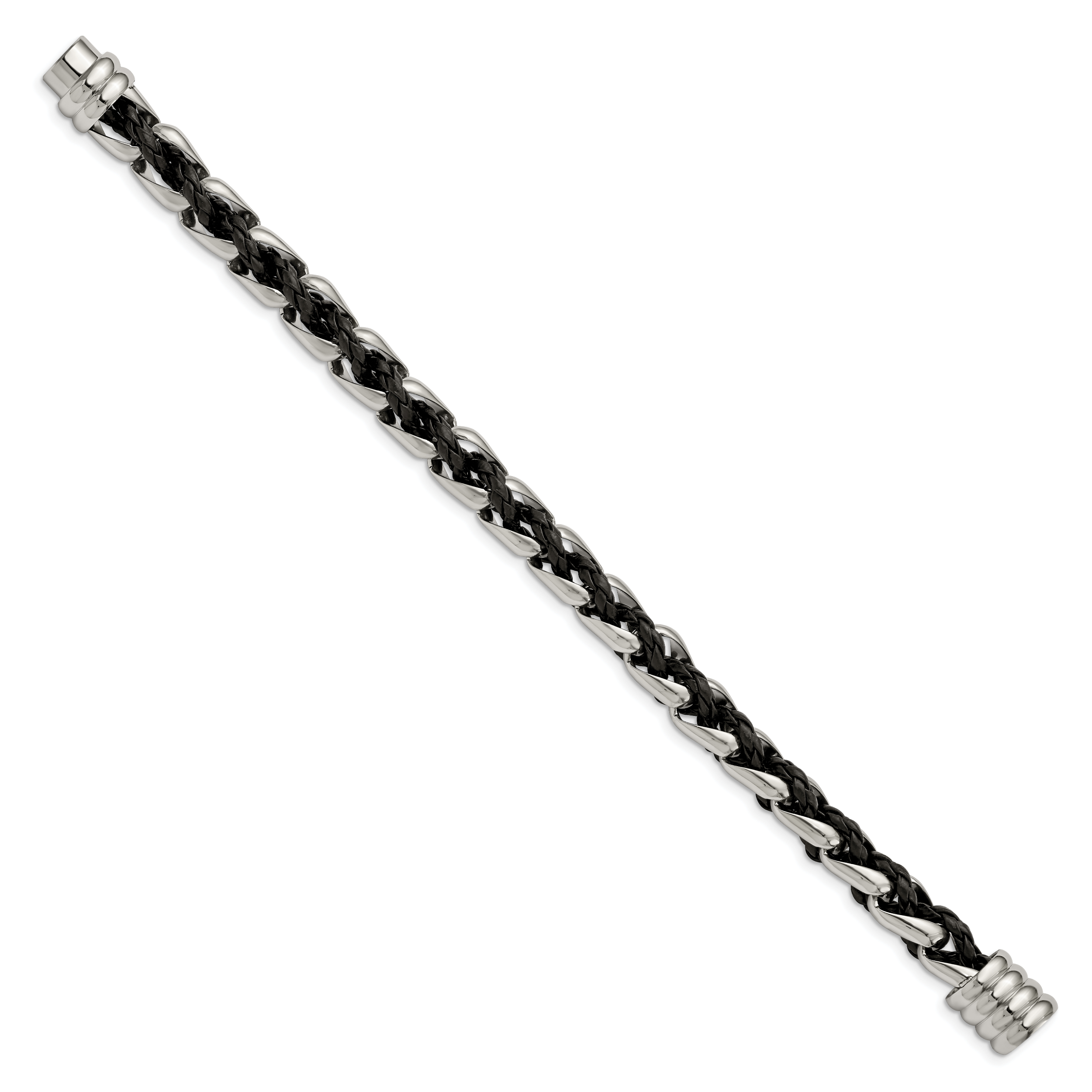 Stainless Steel Polished Braided Black Leather Bracelet for Men