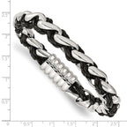 Stainless Steel Polished Braided Black Leather Bracelet for Men