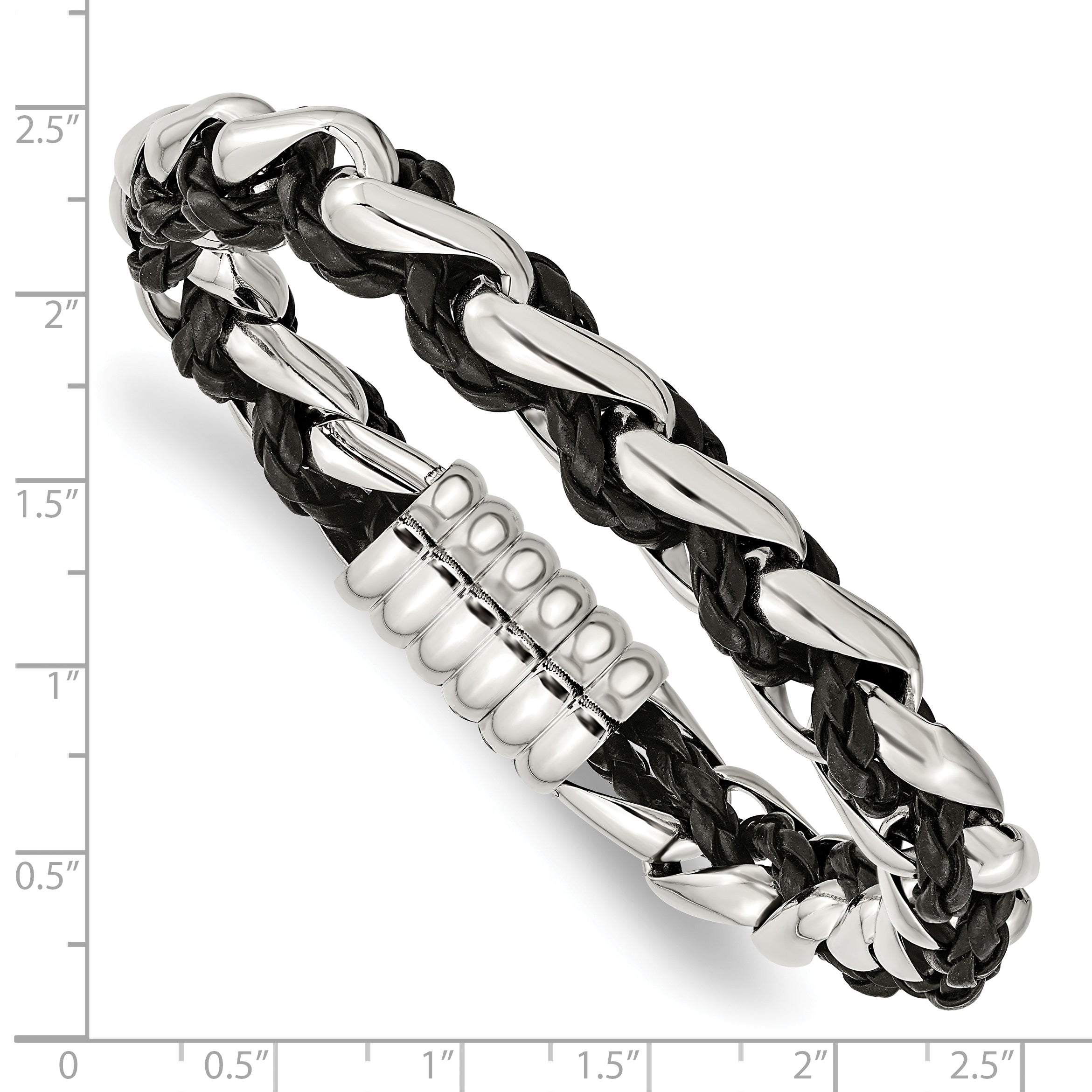 Stainless Steel Polished Braided Black Leather Bracelet for Men