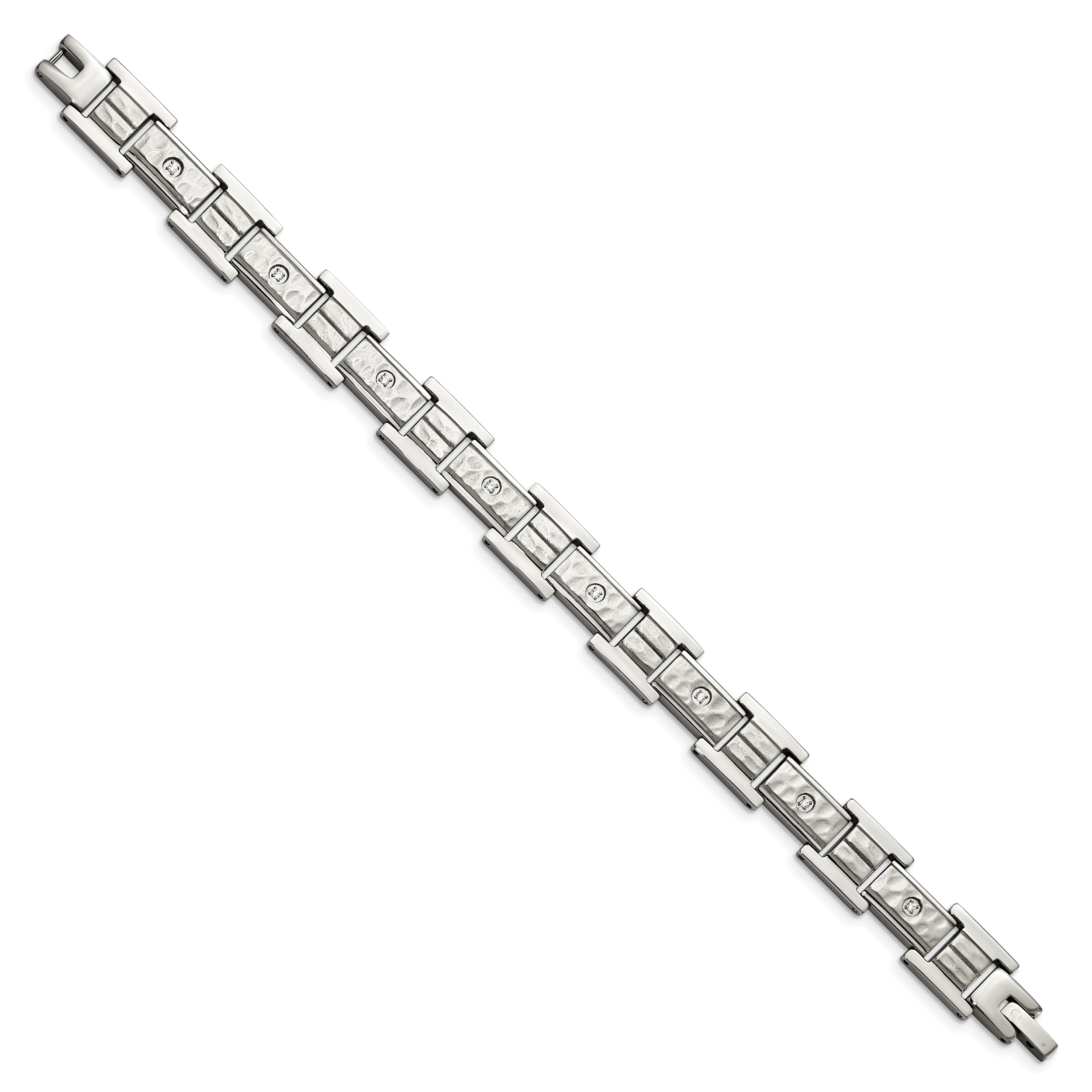 Stainless Steel Brushed Polished and Hammered with Cubic Zirconia Bracelet for Men