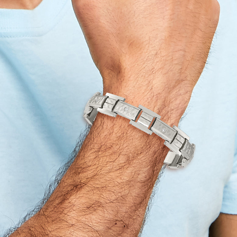 Stainless Steel Brushed Polished and Hammered with Cubic Zirconia Bracelet for Men