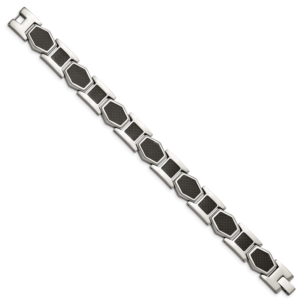 Stainless Steel Polished with Black Carbon Fiber Inlay Link Bracelet for Men