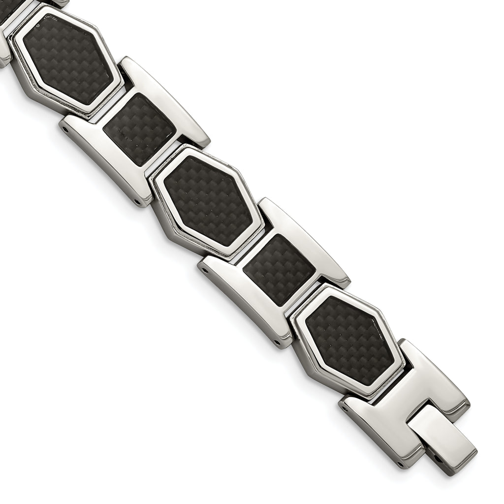 Stainless Steel Polished with Black Carbon Fiber Inlay Link Bracelet for Men