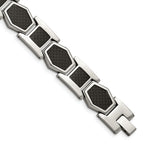 Stainless Steel Polished with Black Carbon Fiber Inlay Link Bracelet for Men