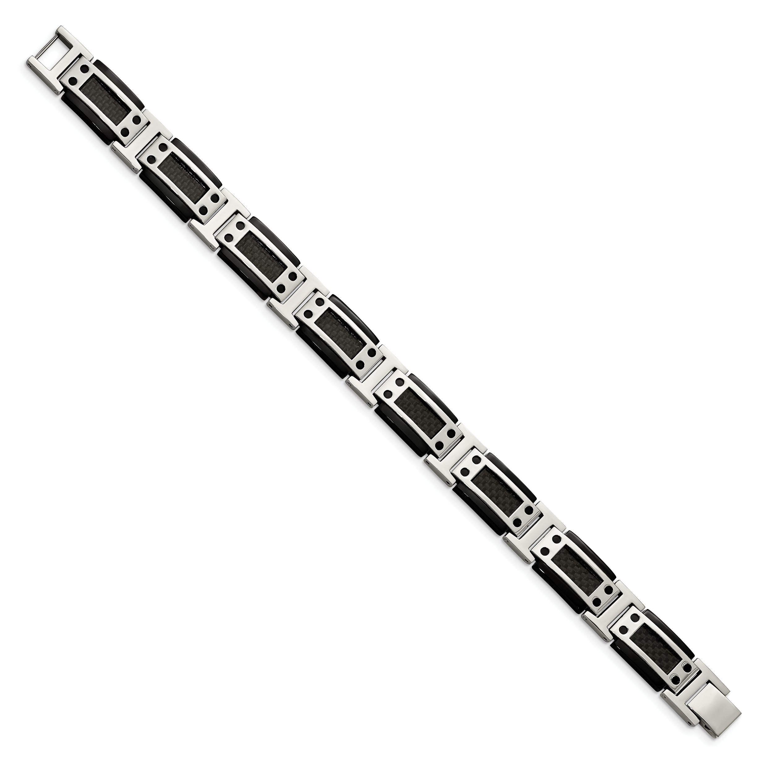 Stainless Steel Polished Black IP-plated with Black Carbon Fiber Inlay Link Bracelet for Men
