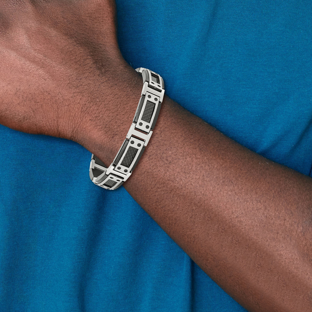 Stainless Steel Polished Black IP-plated with Black Carbon Fiber Inlay Link Bracelet for Men