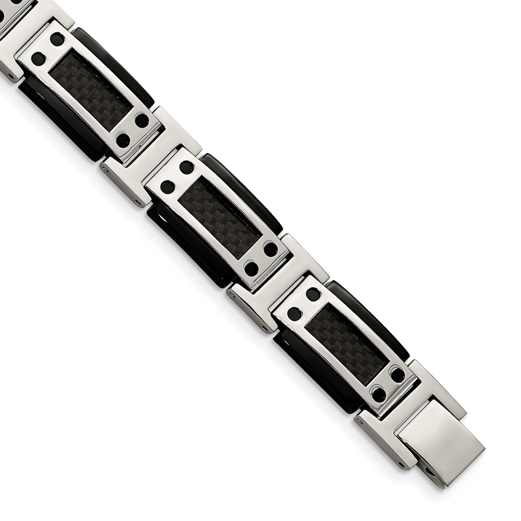 Stainless Steel Polished Black IP-plated with Black Carbon Fiber Inlay Link Bracelet for Men