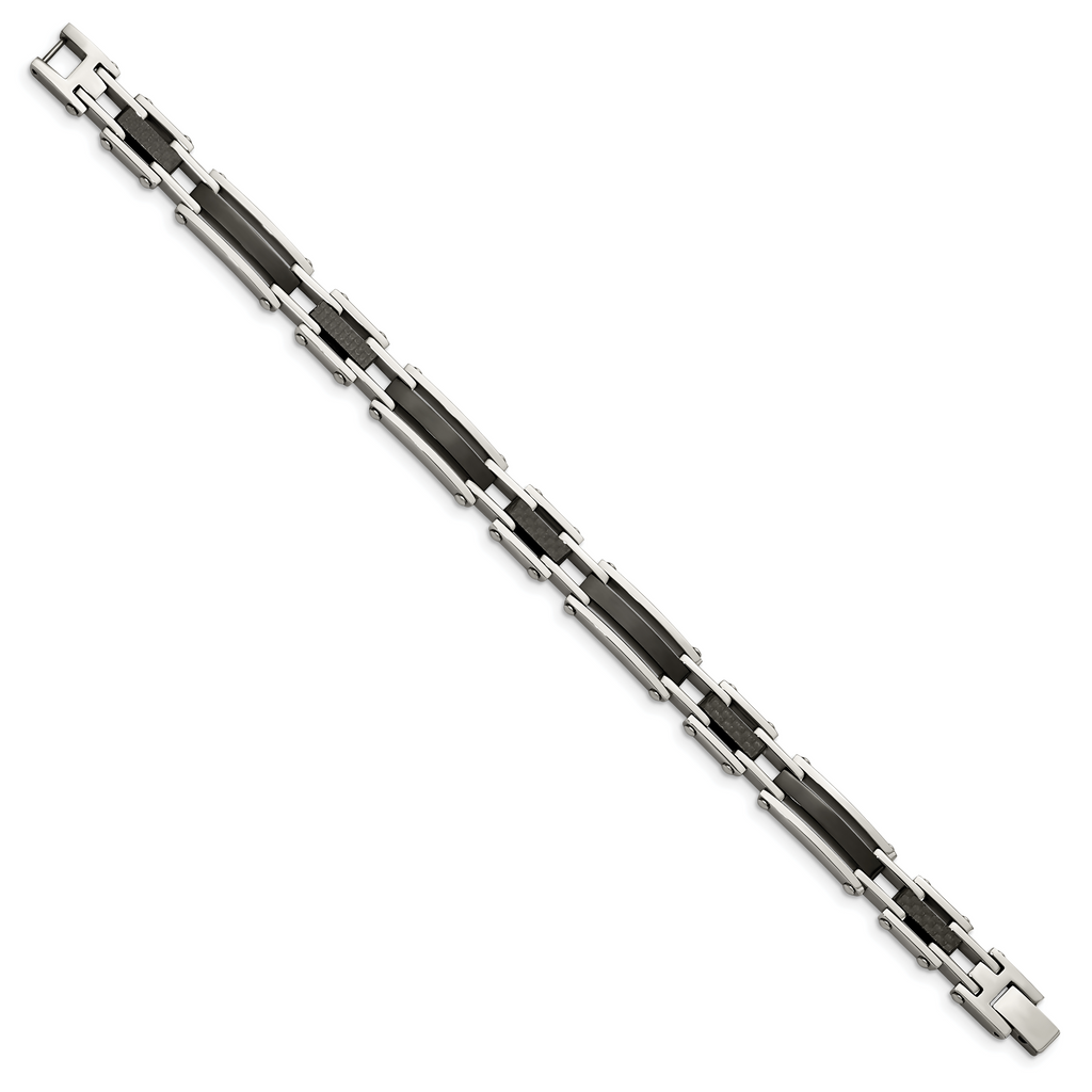 Stainless Steel Polished Black IP-plated with Black Carbon Fiber Link Bracelet for Men