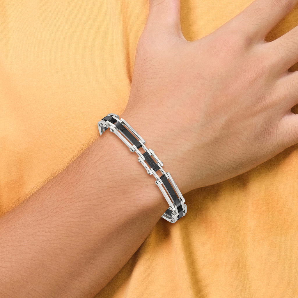 Stainless Steel Polished Black IP-plated with Black Carbon Fiber Link Bracelet for Men
