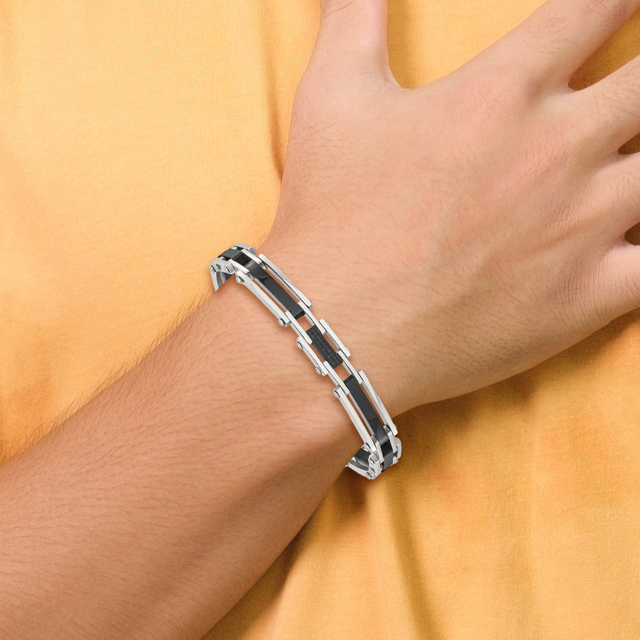 Stainless Steel Polished Black IP-plated with Black Carbon Fiber Link Bracelet for Men
