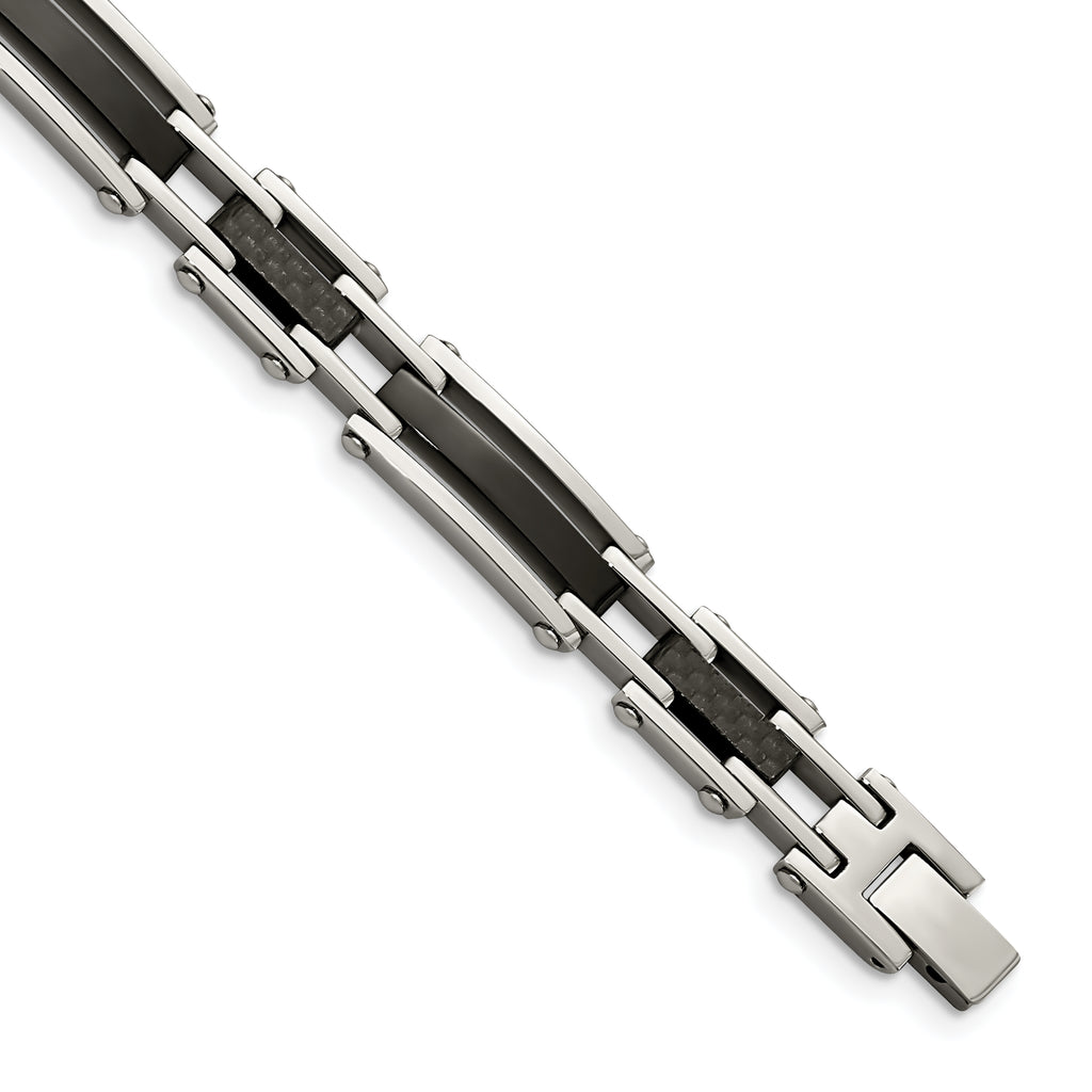 Stainless Steel Polished Black IP-plated with Black Carbon Fiber Link Bracelet for Men