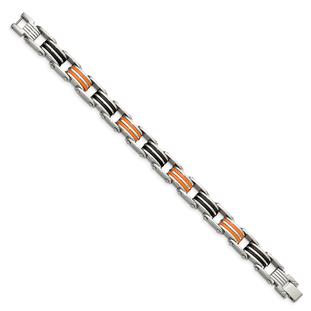 Stainless Steel Polished with Black and Orange Rubber Link Bracelet for Men