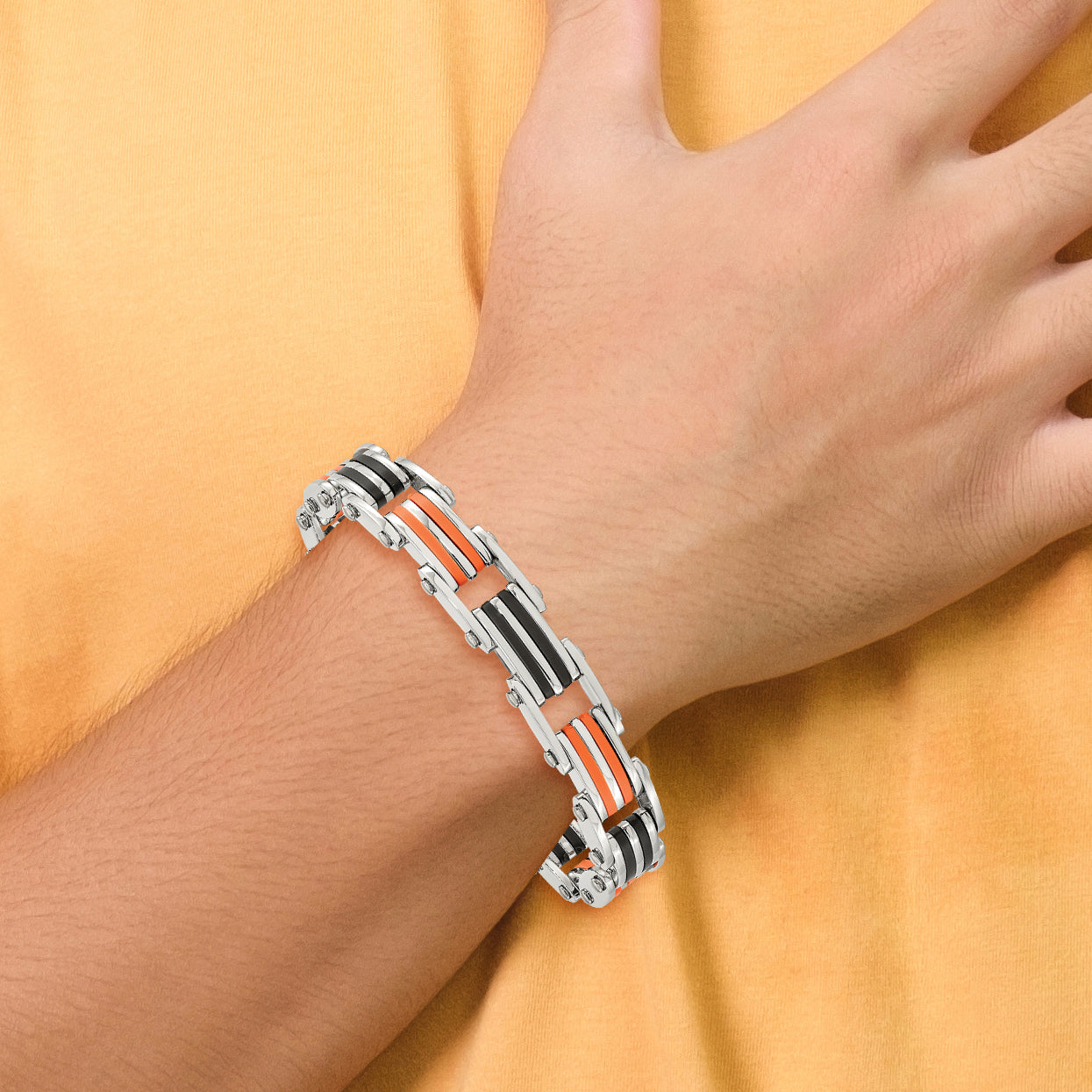 Stainless Steel Polished with Black and Orange Rubber Link Bracelet for Men