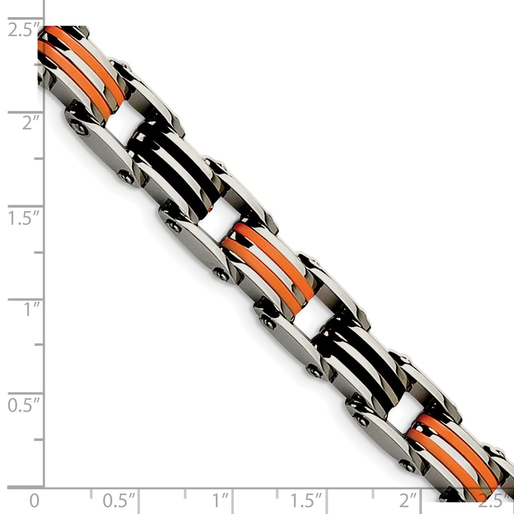 Stainless Steel Polished with Black and Orange Rubber Link Bracelet for Men