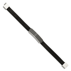 Stainless Steel Polished Enameled Striped Black Leather Bracelet for Men