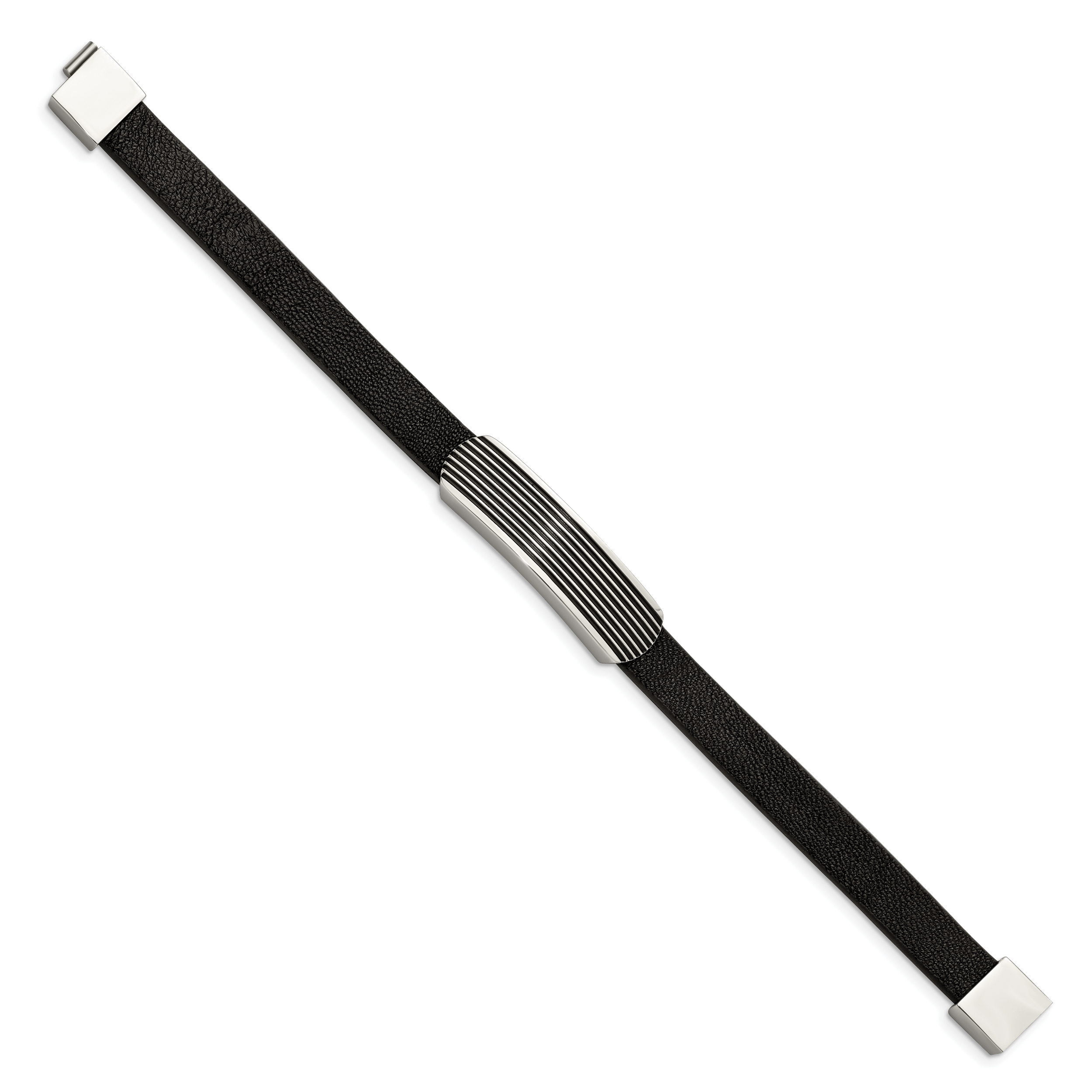 Stainless Steel Polished Enameled Striped Black Leather Bracelet for Men