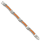 Stainless Steel Polished with Orange Greek Key Design Rubber Inlay Bracelet for Men