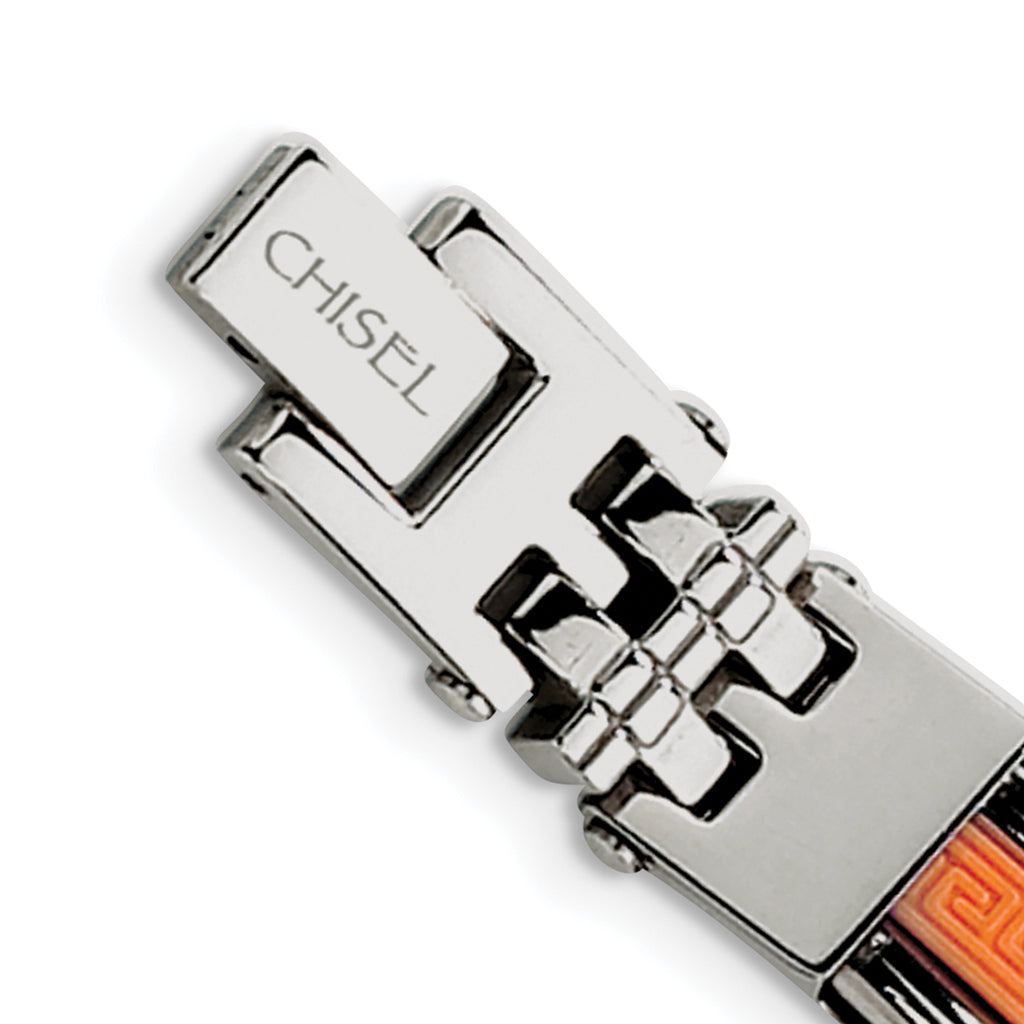 Stainless Steel Polished with Orange Greek Key Design Rubber Inlay Bracelet for Men