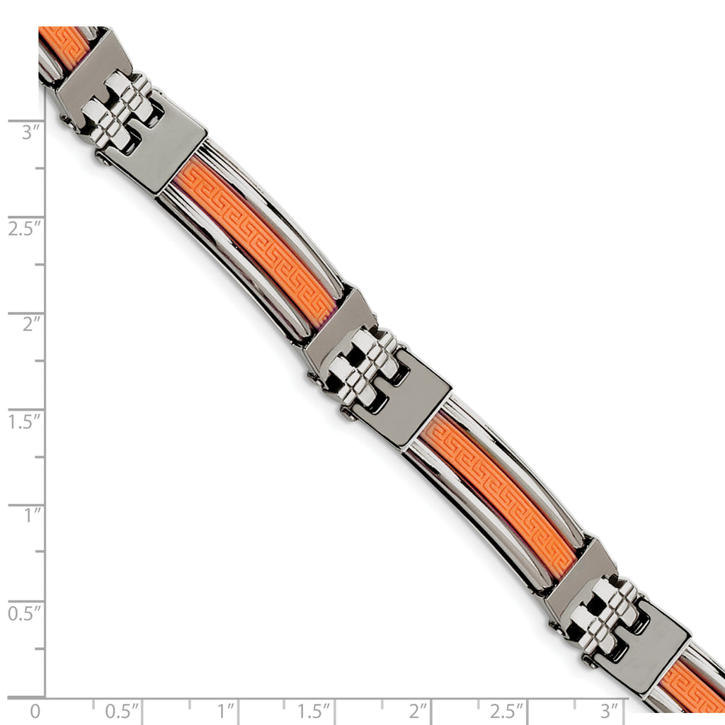 Stainless Steel Polished with Orange Greek Key Design Rubber Inlay Bracelet for Men