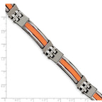 Stainless Steel Polished with Orange Greek Key Design Rubber Inlay Bracelet for Men