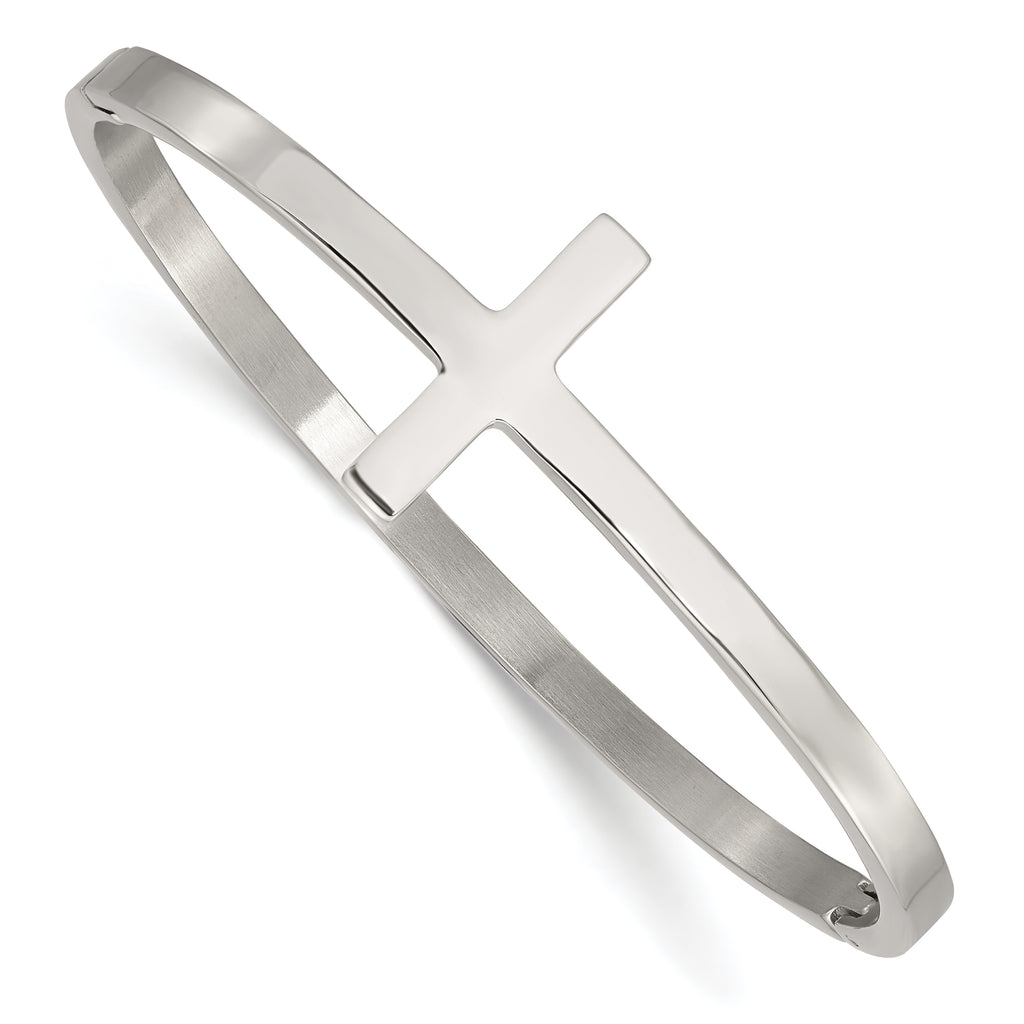Stainless Steel Polished Sideways Cross Hinged Bangle Bracelet for Women