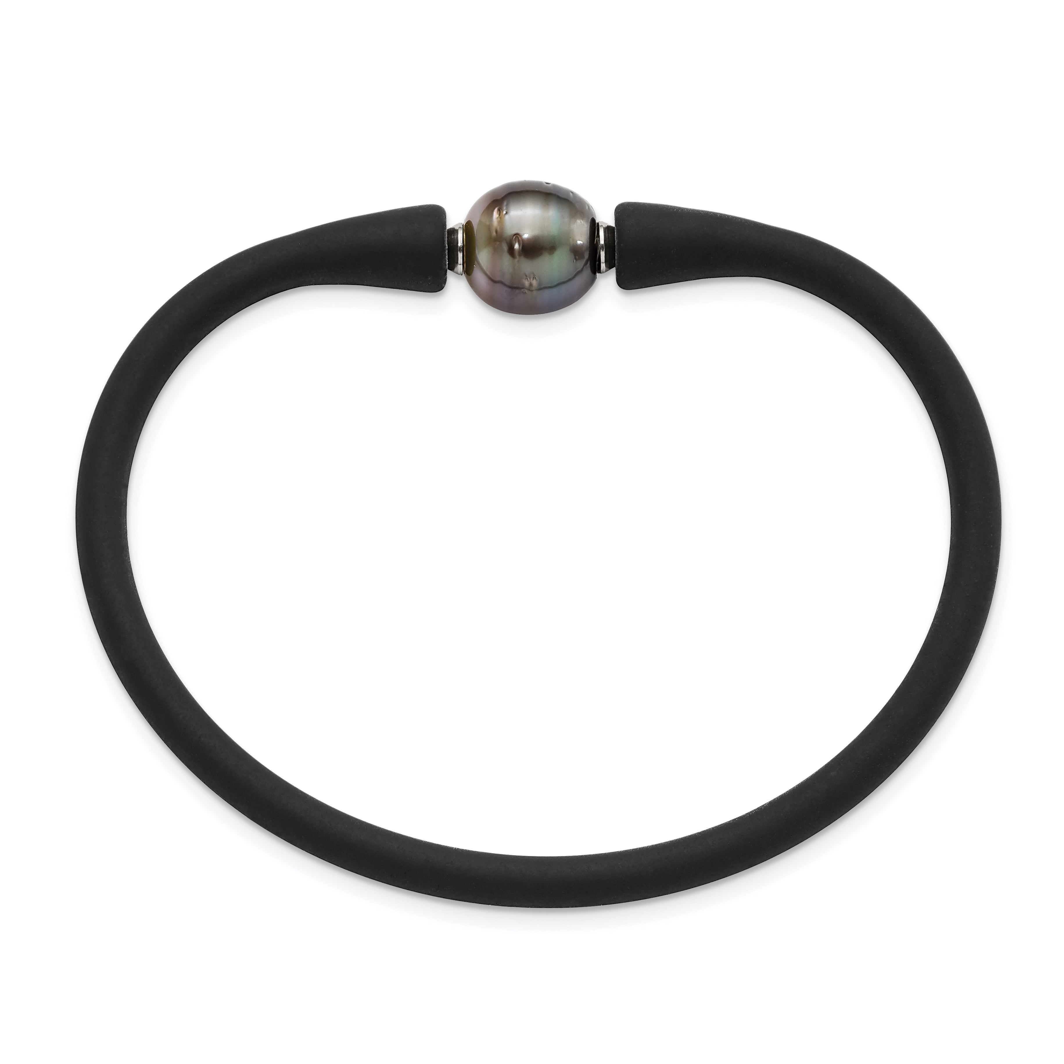 Stainless Steel 10-11mm Black Tahitian Pearl Black Silicone Bracelet with Hidden Clasp