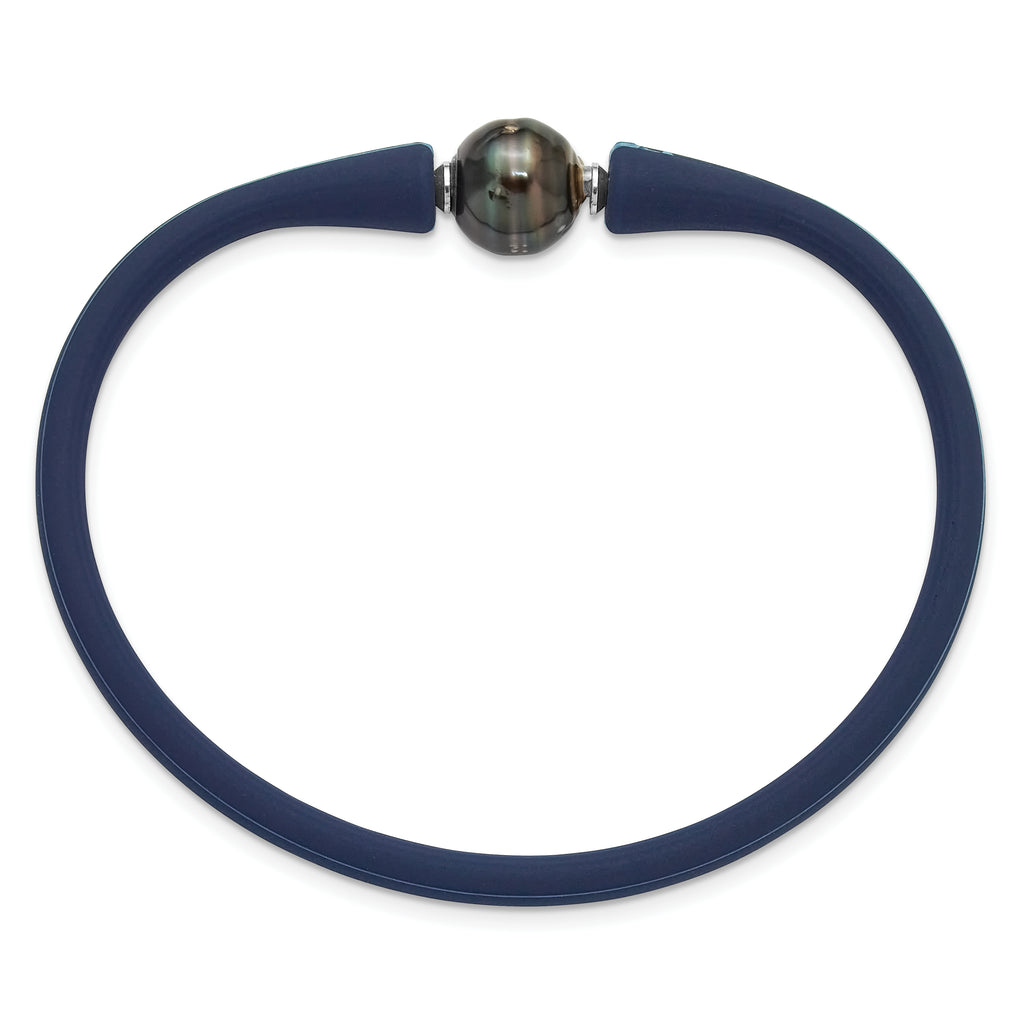 Stainless Steel 10-11mm Black Semi-Round Tahitian Saltwater Cultured Pearl Blue Silicone Bracelet